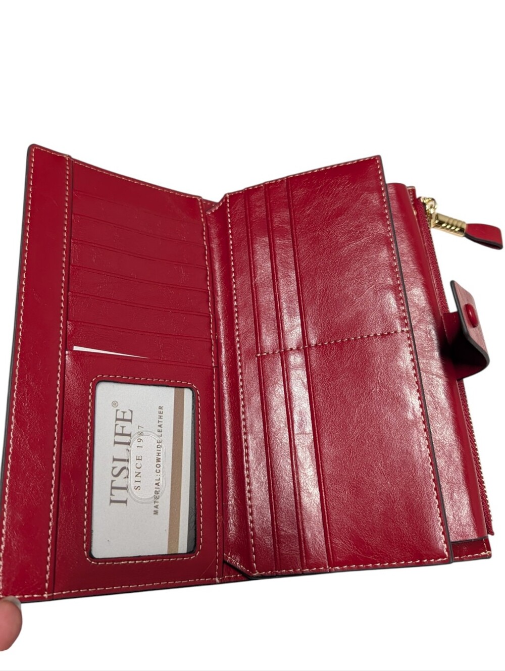 ITSLIFE Red Cowhide Leather Long Wallet Women's New in Box Gold Zip Snap Closure - Picture 4 of 10